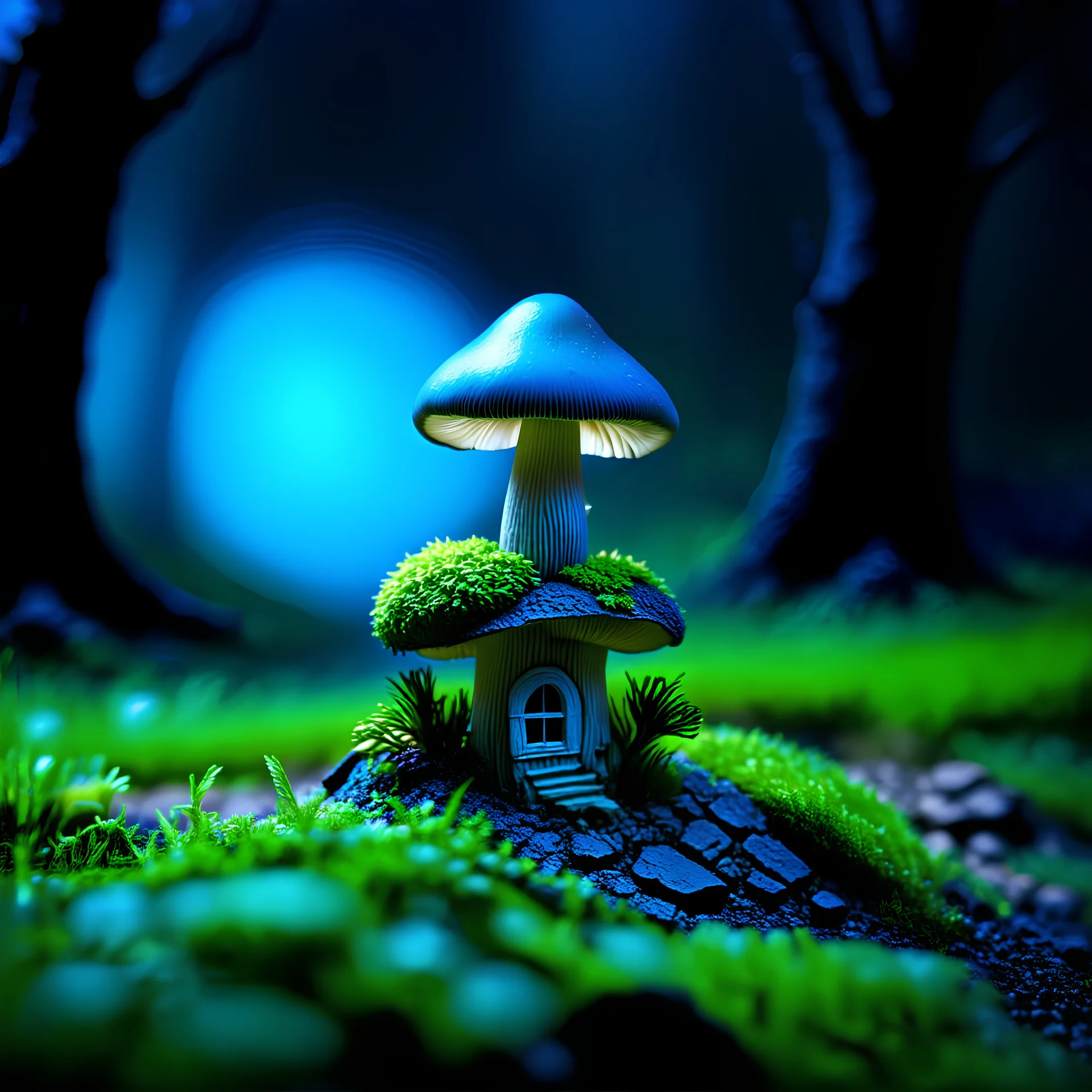 "Close up of a wonderful tiny Mushroom Tower home. blue and green with bright white, deep black and contrasting tones of gray. Illuminated bioluminescent forest. Professional painter, master at composition. small but detailed. broken, blurred background, voluminous lighting"