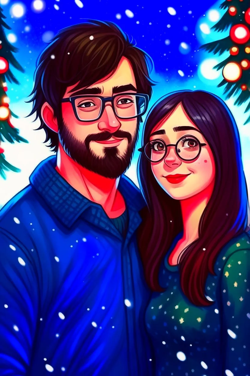 Christmas scene, dark haired couple, man with short black beard and glasses, woman with long hair, blue eyes, young couple, graphic