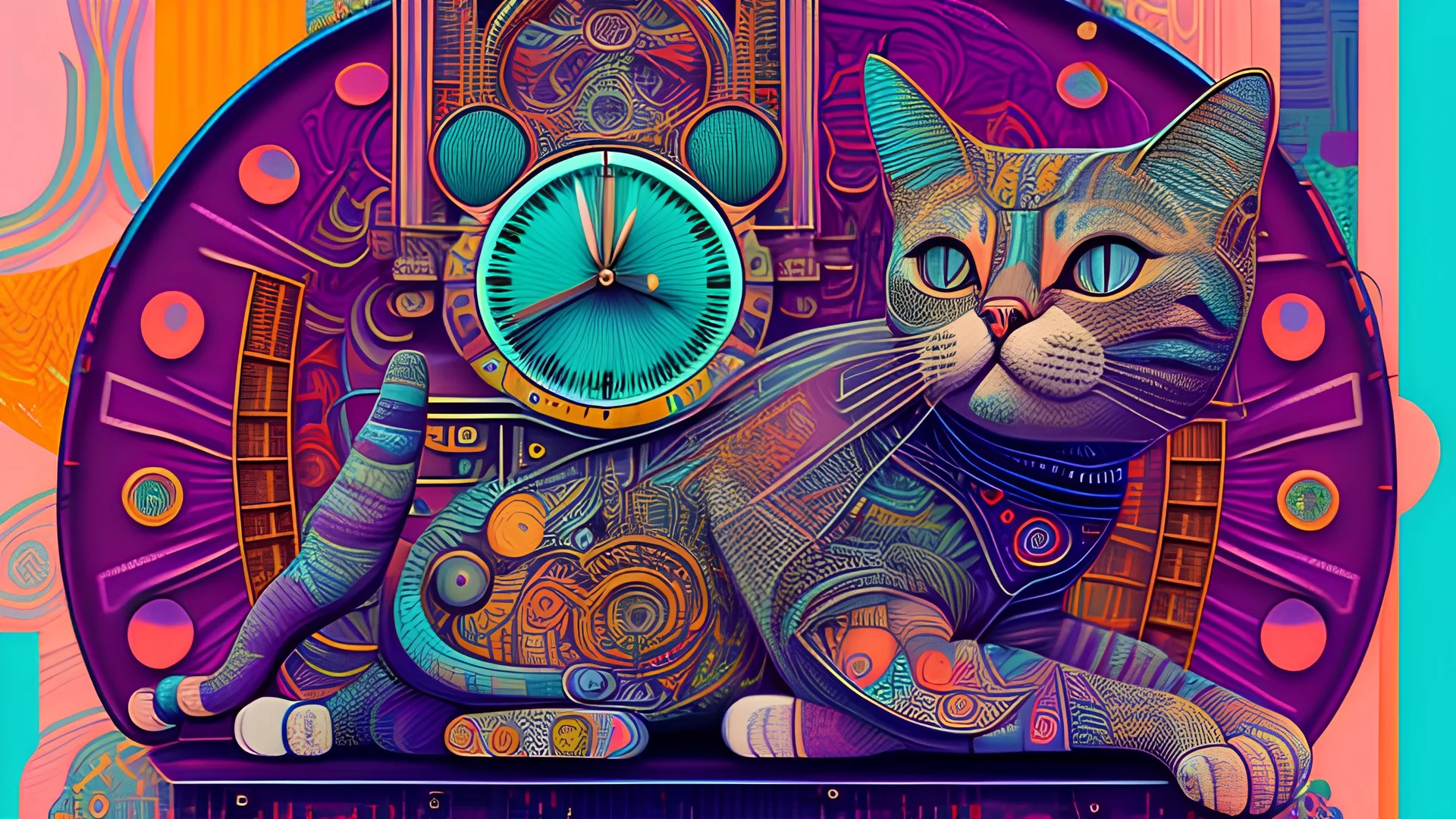 A Cat That Is Sitting On Top Of A Clock, Android Jones And Chris Dyer, Behance. Polished, Inspired By Eduardo Paolozzi, Hypereuphoria, Remix By Ballaberg