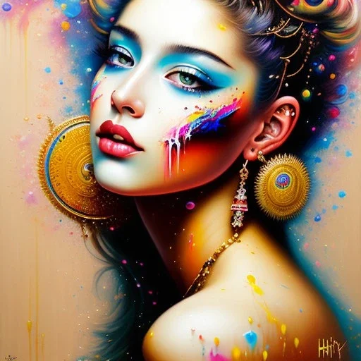 iv_a painting of a young woman, figurative art, an acrylic detailed painting, , brush strokes, paint drips and drabs and splatters by Harumi Hironaka, turquoise pink and yellow, james terrell art, trending on artstation, soft lines,intricate art by bastien lecouffe deharme and greg rutkowski