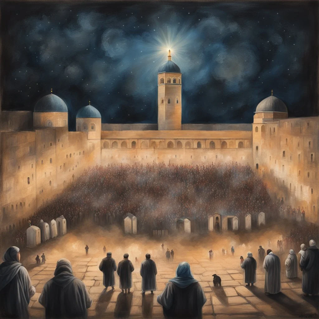 Hyper Realistic Painting of areal view of Palestinian men worshipping outside Al-Aqsa Mosque at night with celebration lights on a vintage rustic grungy paper