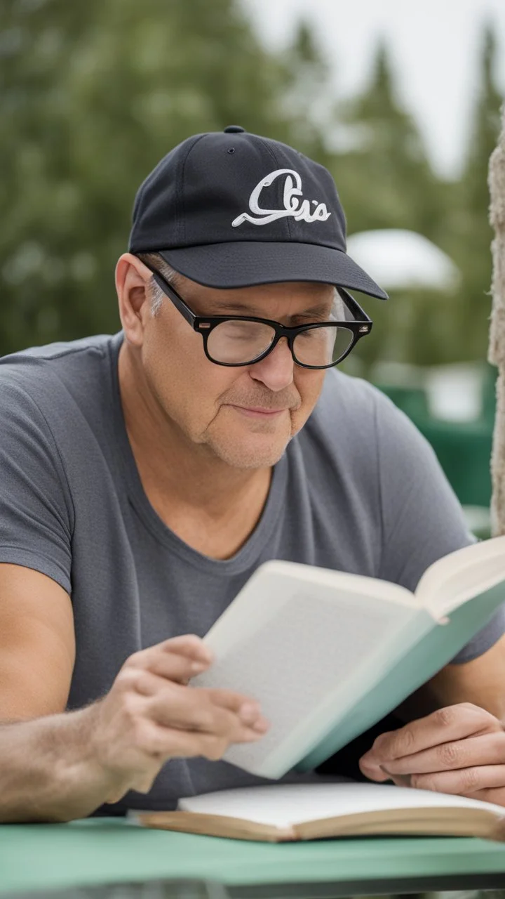 A man wearing a white Dad Hat, glasses, and reading