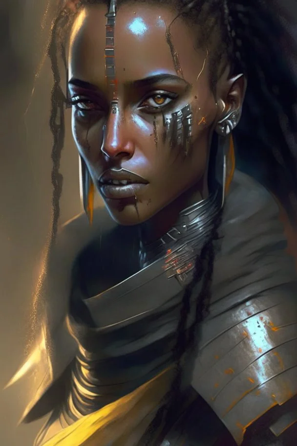 sayat demisssie,ethiopian actress,concept art,digital painting,warrior,cinematic, Concept art, low lighting, Gritty, Detailed, cybernetic enhancements, future setting, Digital painting, art by magali villeneuve and rk post, Sharp focus, trending on artstation.