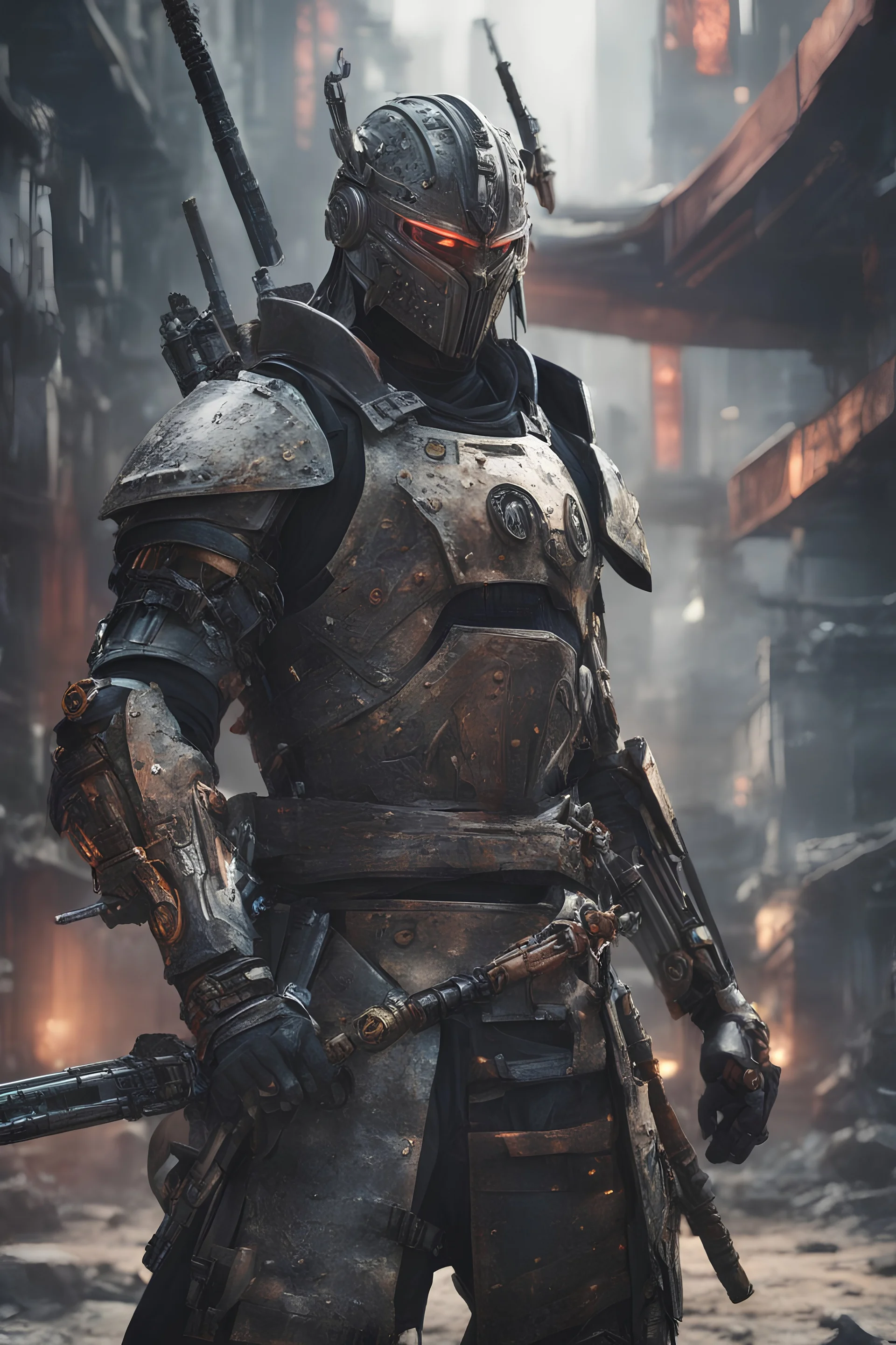 Close image of Anime depiction of a cybernetic samurai in a post-apocalyptic setting, focusing on the intricacies of the armor and weaponry, 8k realistic