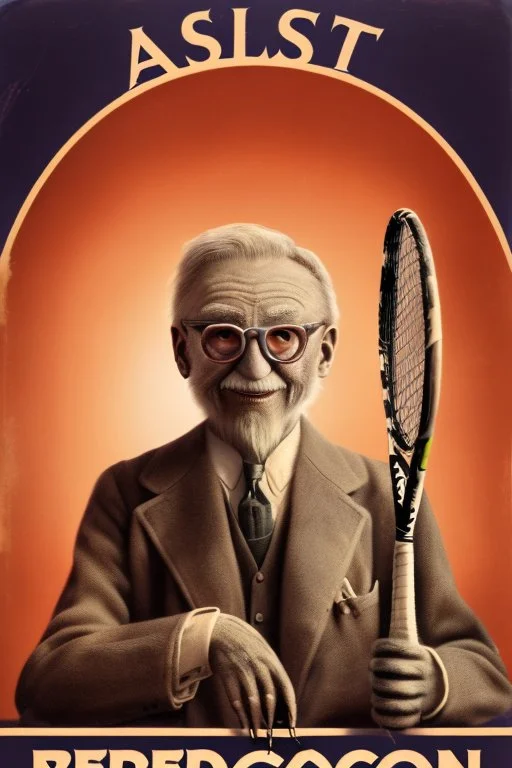 old man in 1928 poster advertising racoon tennis, raccons flying in air between tennis rackets while humans::4 use them as a tennis ball