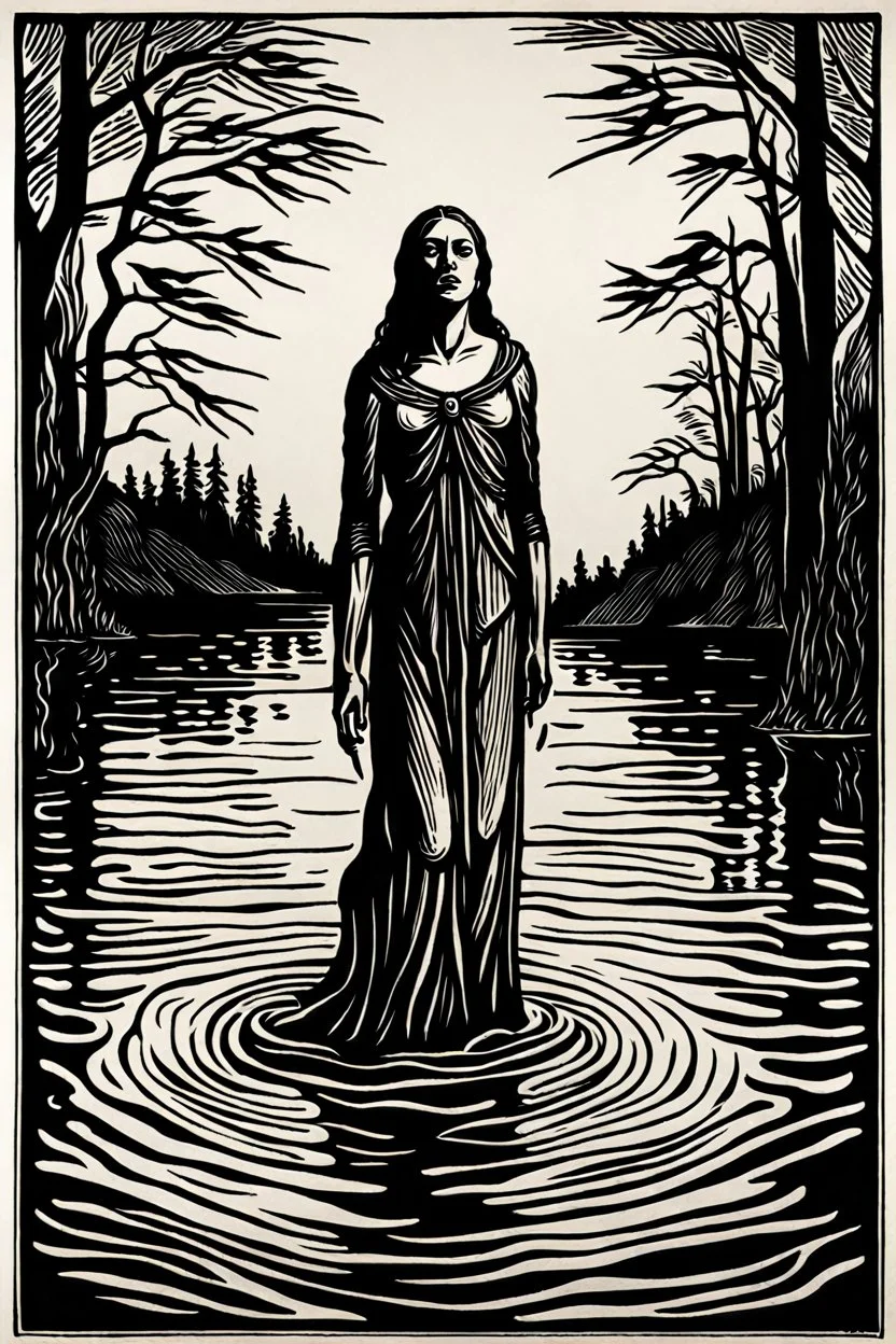 create a deeply powerful tragic, heart wrenching, and evocative, full body woodcut of the Lady of the Lake, with highly detailed and deeply cut facial features, in the style of KATHE KOLLWITZ , searing lines and forceful strokes