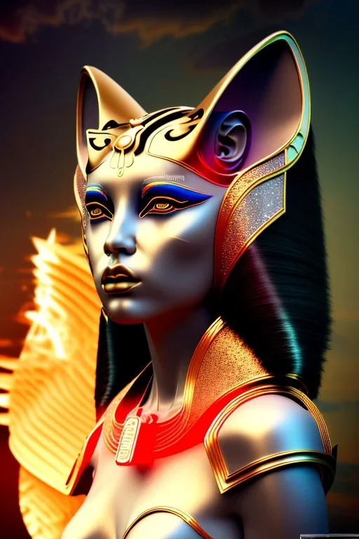 portrait photography of an ethereal beautiful goddess Bastet, Fire theme art, Dark moody night atmosphere, 8K, close-up face, anatomically perfect face, ignore NSFW,magic,city, steampunk, brutal, native, american, chief ,apocalypse, set , sorrow,