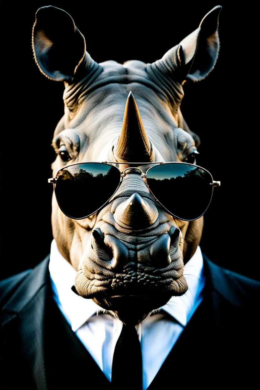 Portrait of an {Angry Rhino} wearing a {Black} suit and sunglasses, {black} color background, realistic photography, shot on Sony dslr camera, Fujifilm --s 250