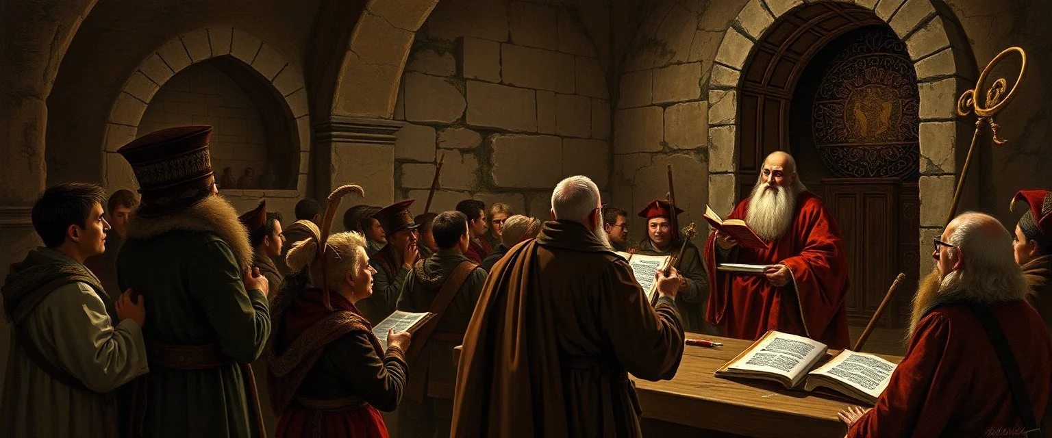 fantasy art, style of Rembrandt, A reading at the Vault of the Sages: A renowned scholar is giving a public lecture. Guards are turning people away, as the hall is at capacity.