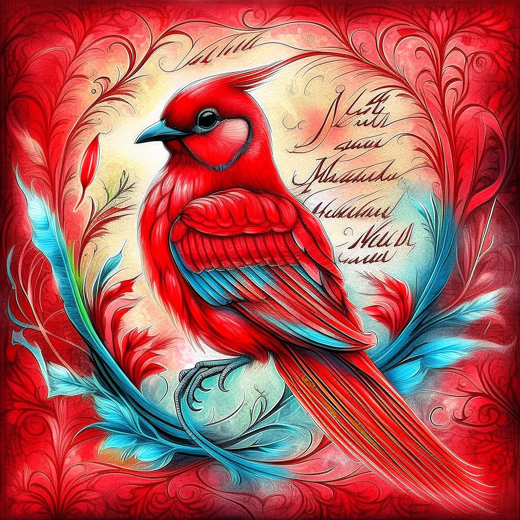B a vibrant digital chalk sketch painting featuring a double exposure image of a beautiful majestic red cardinal, ultra-detailed, within the body of the cardinal is a heart with the words "I AM ALWAYS WITH YOU" in a beautiful script