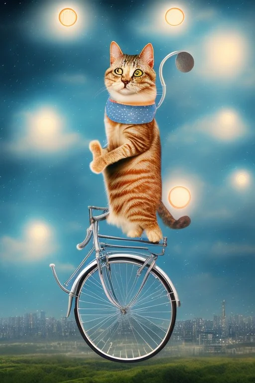 A pedaling cat riding a bicycle is flying at night in the sky over tall buildings.