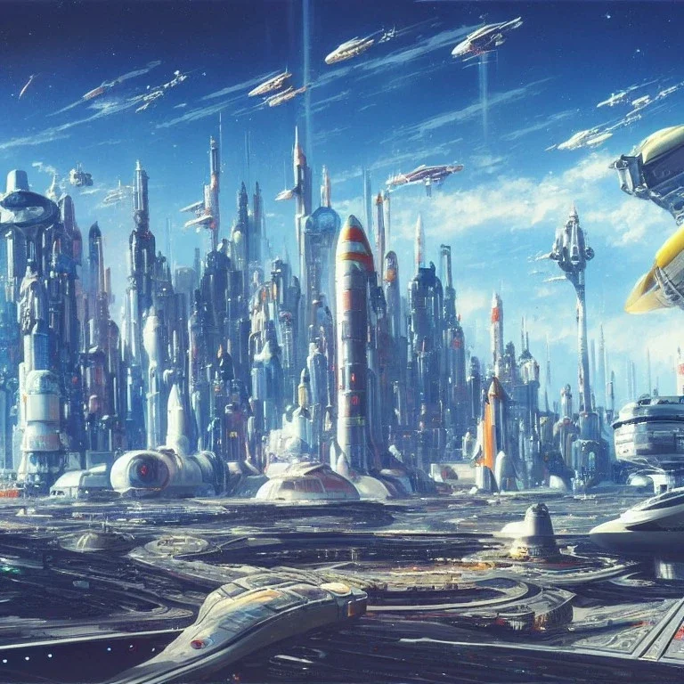 Spaceport on a heavy industrialized planet with a vibrant city in the background and a starting spaceship in the foreground, art by John Berkey, buildings with glass facades, insanely detailed, vibrant, 8k uhd, cinematic atmosphere, ultra-wide angle, street level view, brush strokes, blue sky with clouds, sharp focus