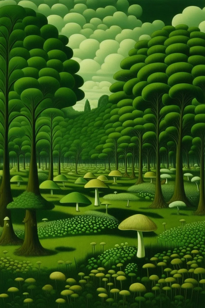 A lime green grove filled with mushrooms painted by Henri Rousseau