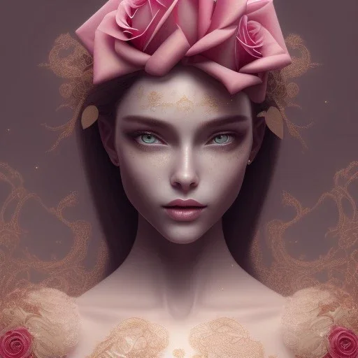 red rose beautiful girl smile,utra realistic,highly detailed, gold, pink, jewels, lace, masterpiece, delicate detailed, sharp focus, insanely detailed, fantasy art, intricate detailed, elegant, fog, Special Lighting, Vibrant, color Scheme, forest, unreal engine 5, trending on artstation