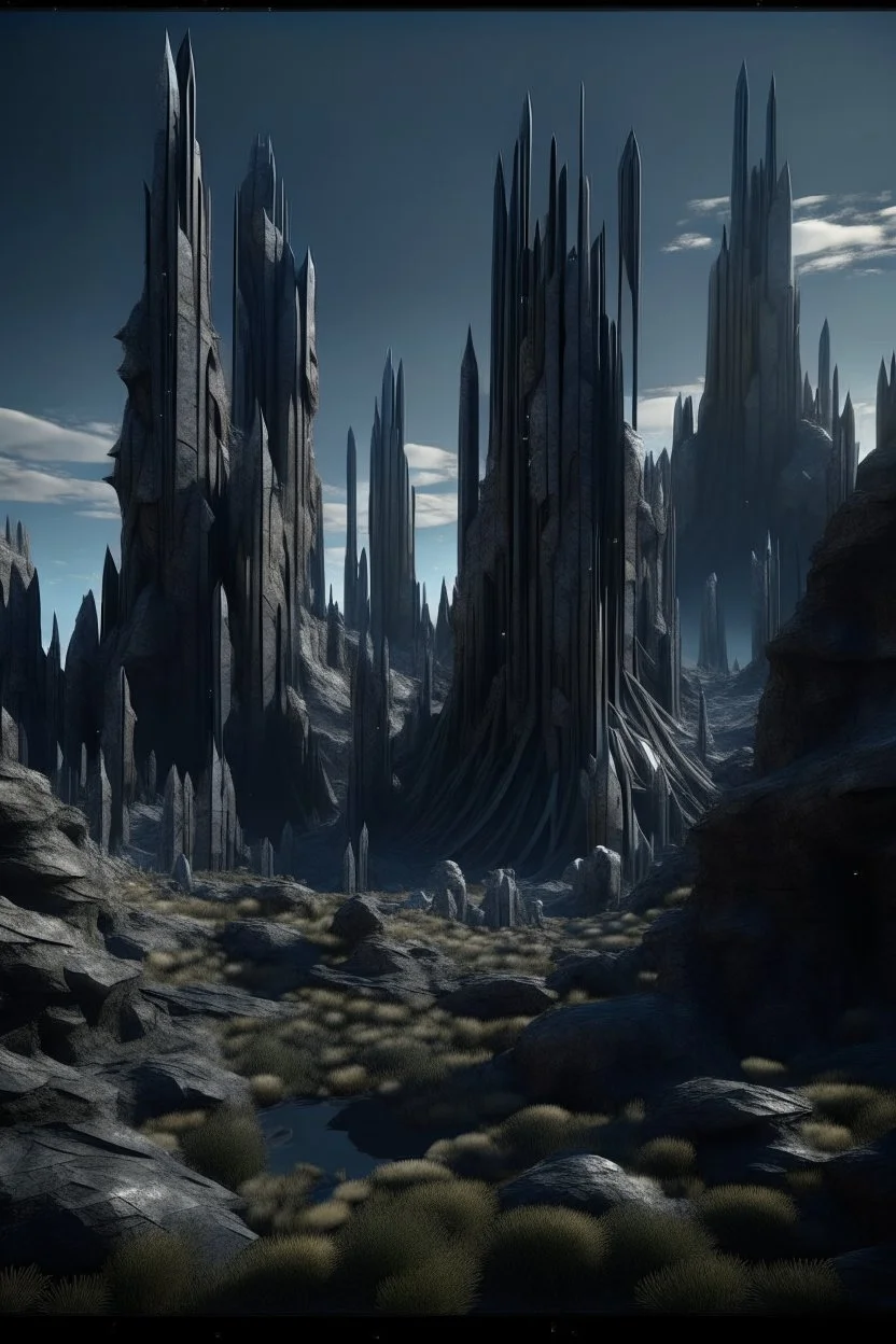 This planet features vast black castles inside big crystalline pillars reaching toward the sky, giving the landscape a surreal, geometric appearance. The anomaly results from the Remnants' or an unknown cosmic force's influence in sculpting these crystalline formations., photo-realistic, shot on Hasselblad h6d-400c, zeiss prime lens, bokeh like f/0.8, tilt-shift lens 8k, high detail, smooth render, down-light, unreal eng