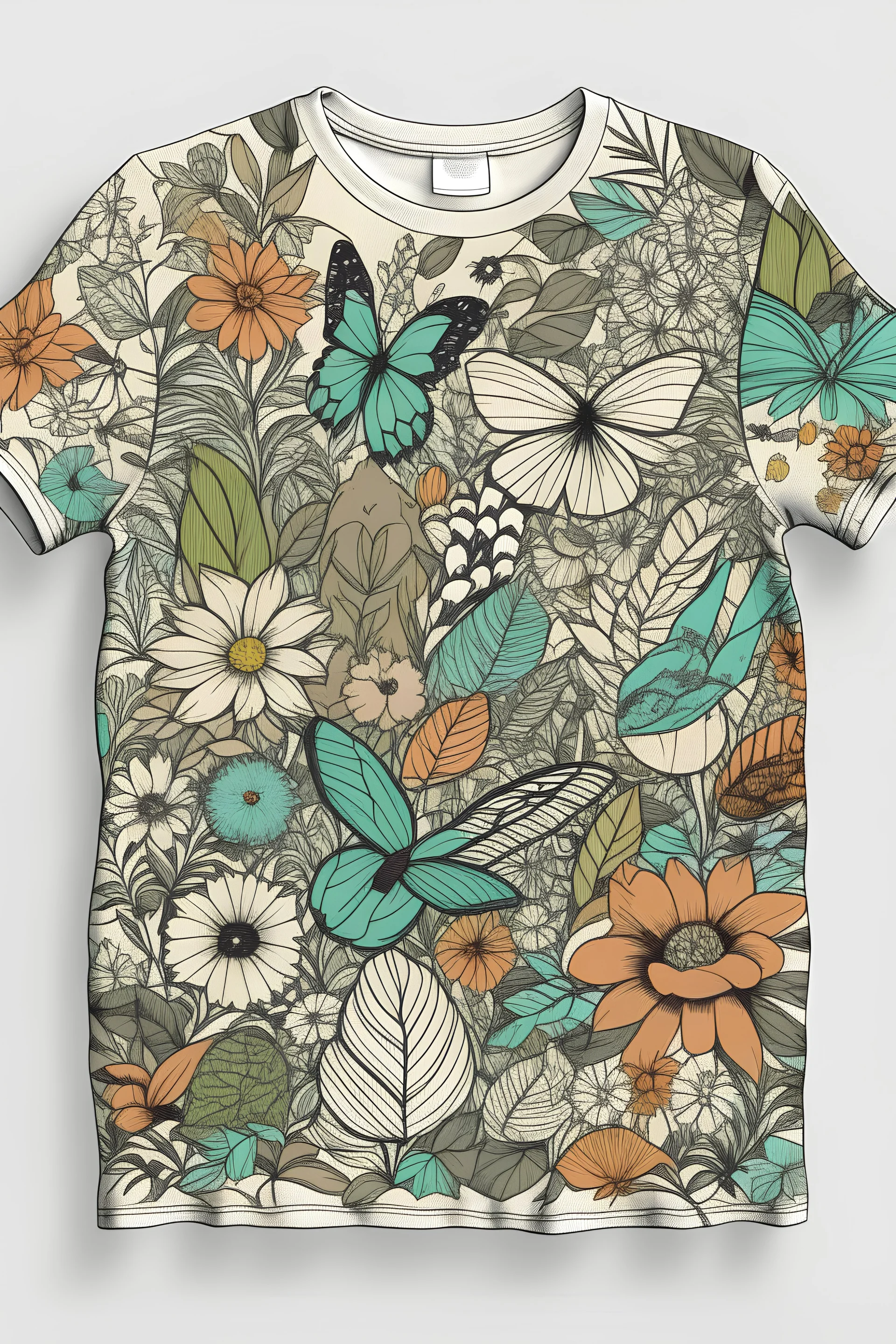 Craft an intricate line art design featuring various spring elements like flowers, leaves, and butterflies, forming a captivating and detailed pattern for a stylish long t-shirt.