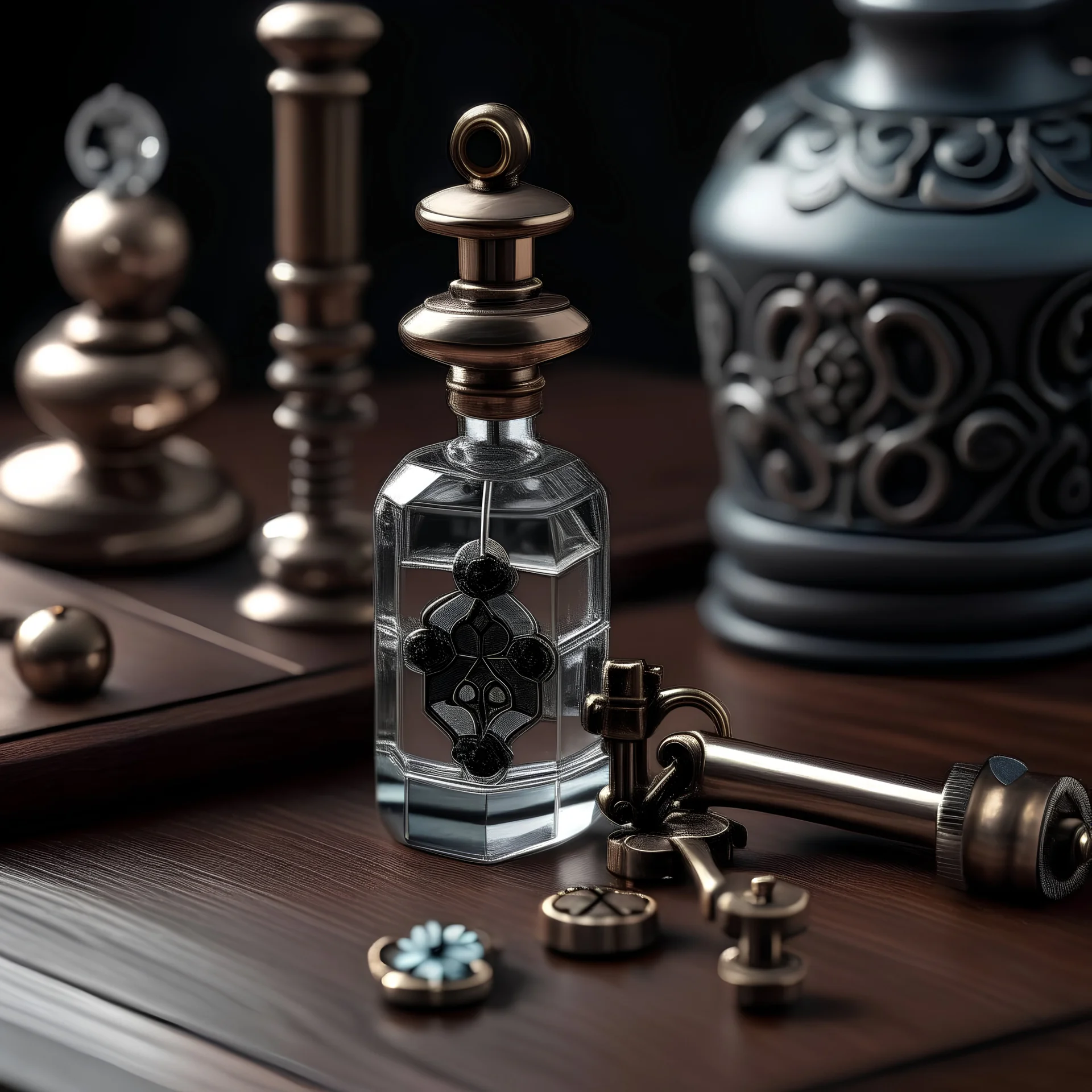 generate me an aesthetic complete image of Perfume Bottle with Vintage Keys