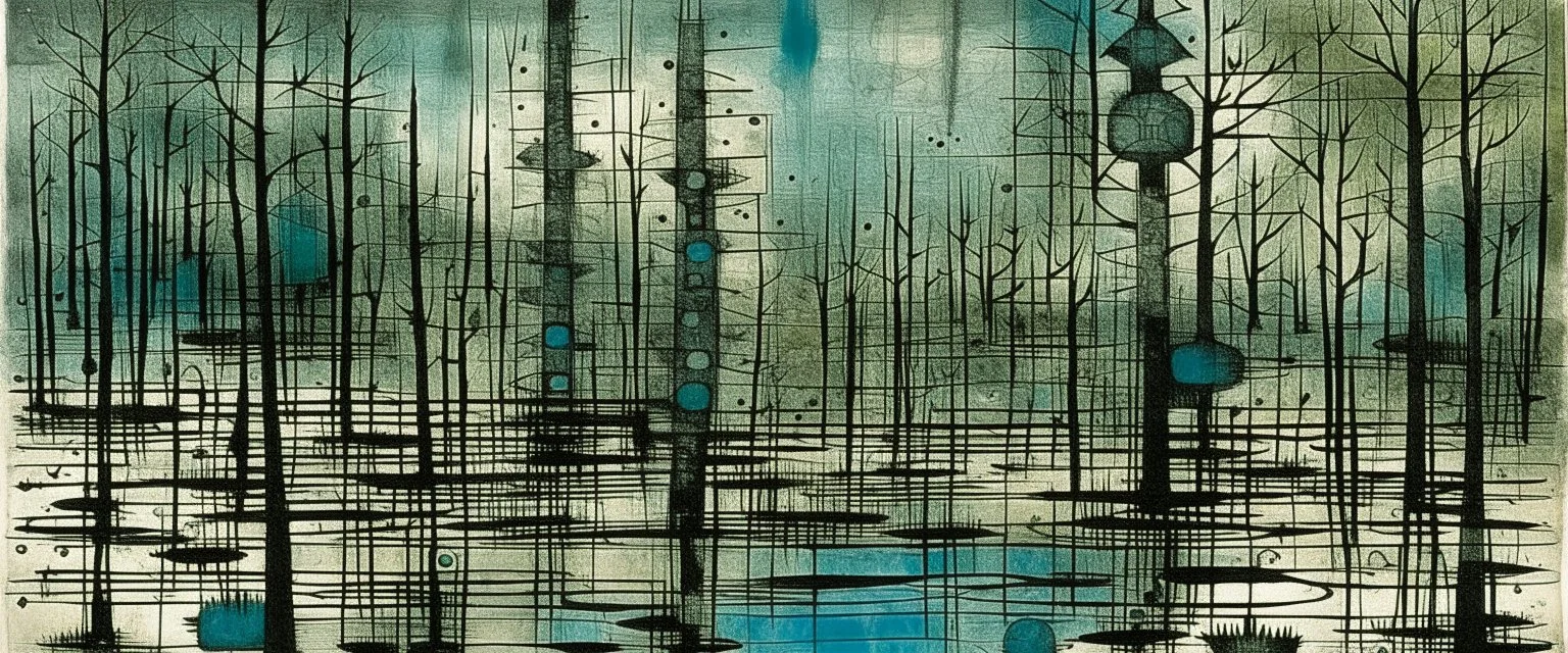 A blackish teal swamp make out of iron and energy painted by Paul Klee