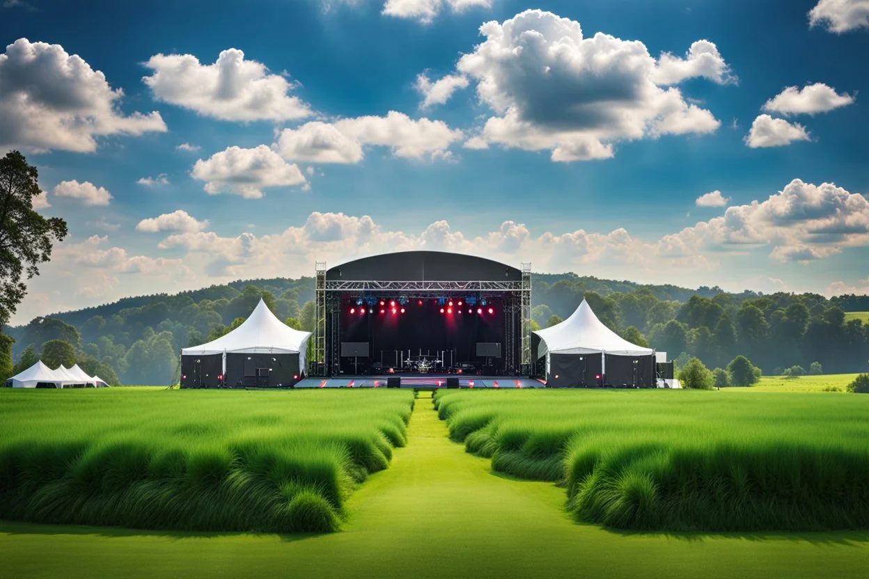 a big open disko stage in country side environment ,green field , at distance,blue sky pretty clouds .