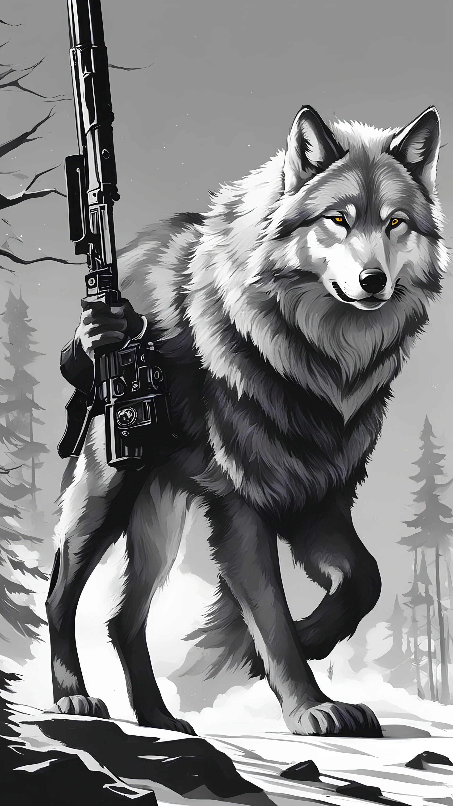 Add a wolf beside the legs, the man hunting the wolf with his gun