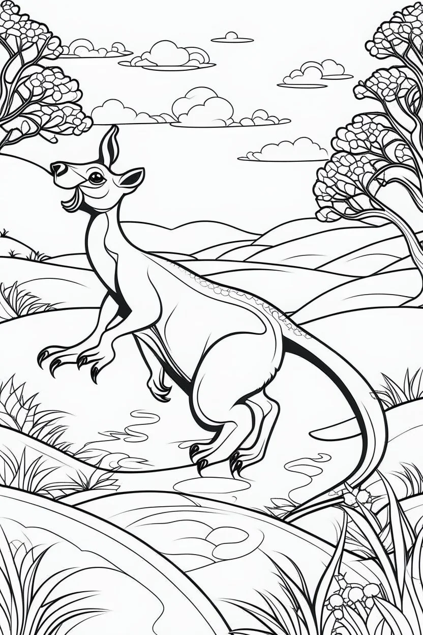 Illustrate a vibrant scene of a kangaroo hopping happily across the Australian outback, clean line art, white background, no shadows, black and white coloring book.