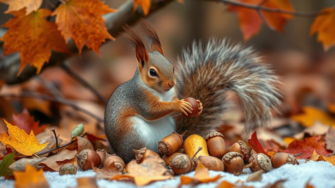 The season of autumn. Squirrel gathering nuts. Beautiful atmospheric photograph showing Nature preparing for winter. Fallen leaves, acorns, chestnuts, berries, fruits, Pumpkins and gourds in warm oranges and yellows, Misty mornings, fog over fields or forests, Cozy scarves and sweaters, bundled-up figures, crisp apples in baskets, apple picking, Warm drinks like steaming mugs of tea, cider, or hot chocolate Flocks of migrating birds, lanterns, candles at dusk. winning photograph