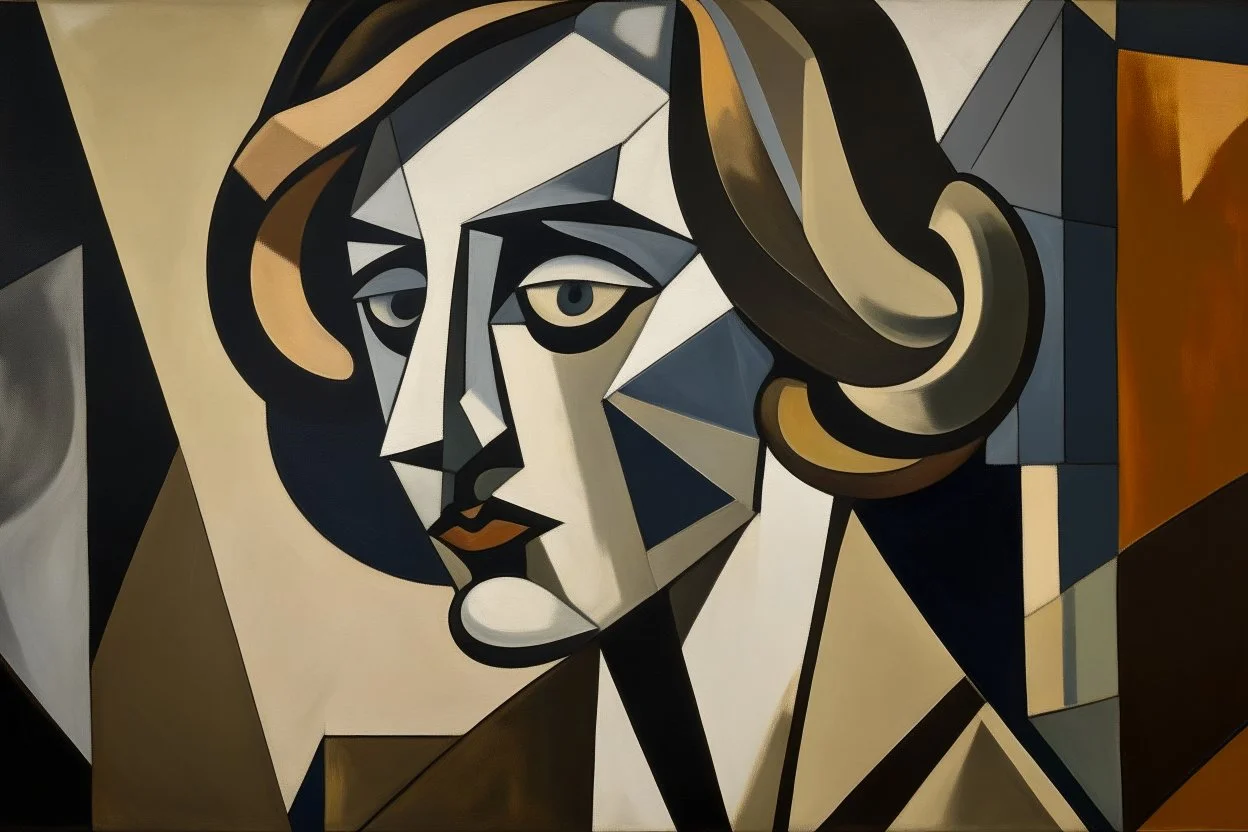 cuadro estilo cubismo que represente a una mujer con sombre, mirando lateralmente y con mirada melancólica