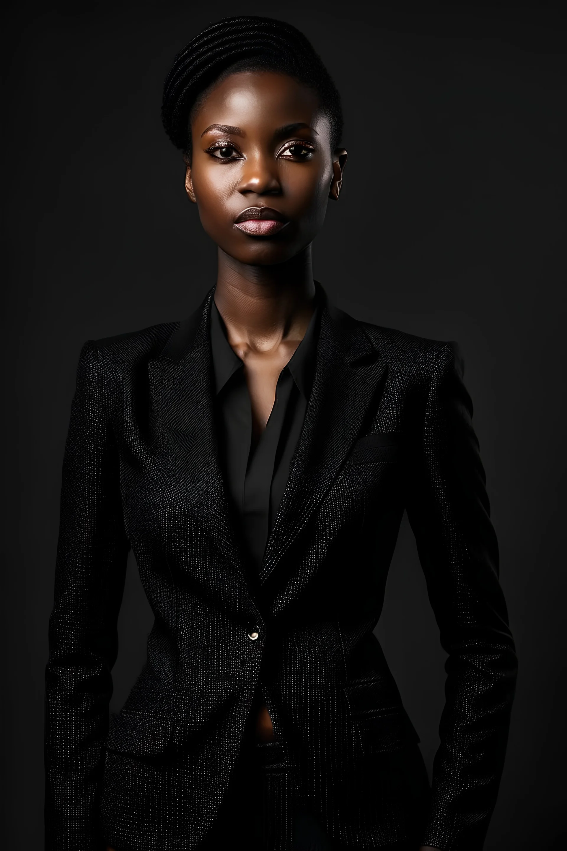 Tall darkskinned woma in black suit