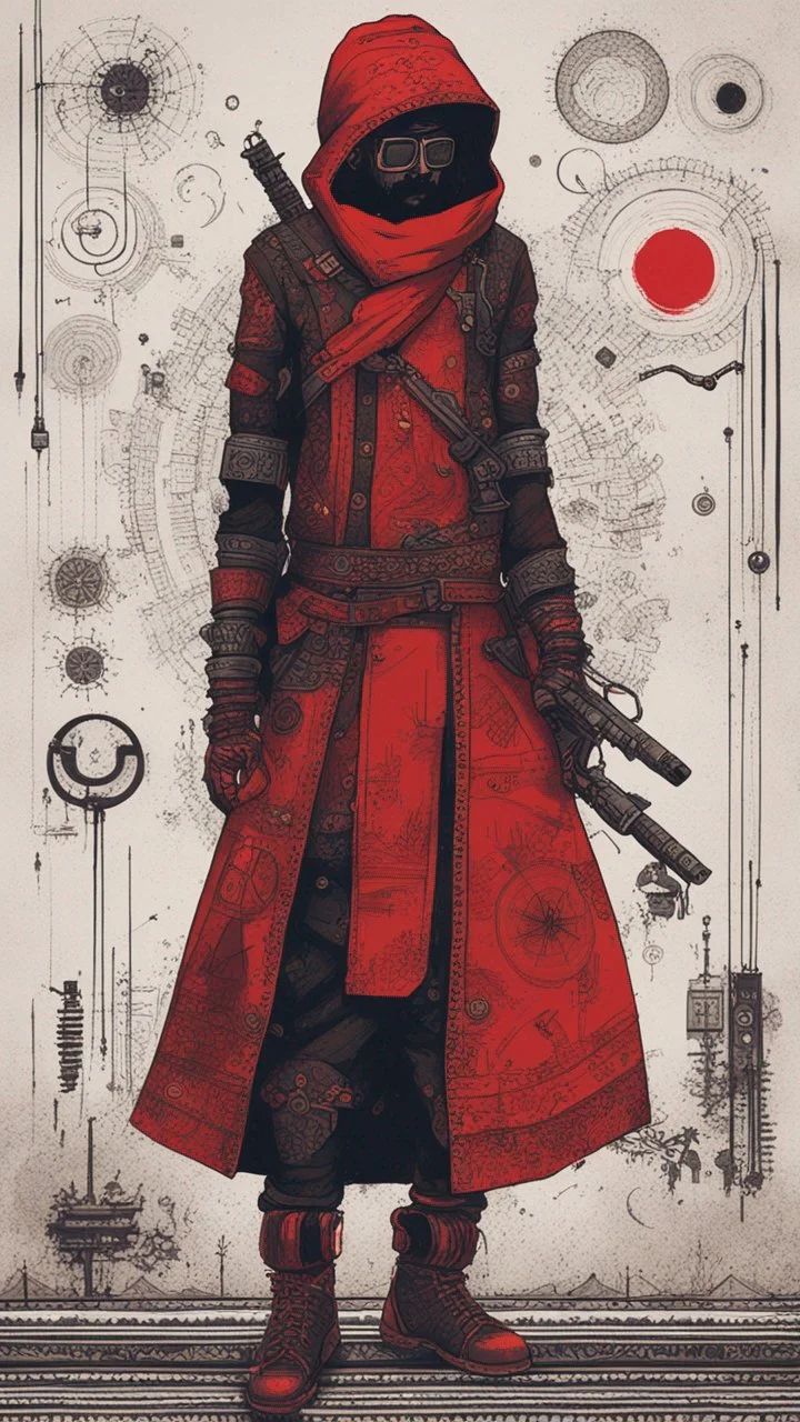 cyberpunk character in style of Warli painting red to black