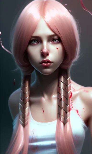 girl, cute, beautiful, pink hair, brown eyes, pigtails, bangs, knife in hand, blood on face, by Greg Rutkowski, big boobs, blazer, yandere