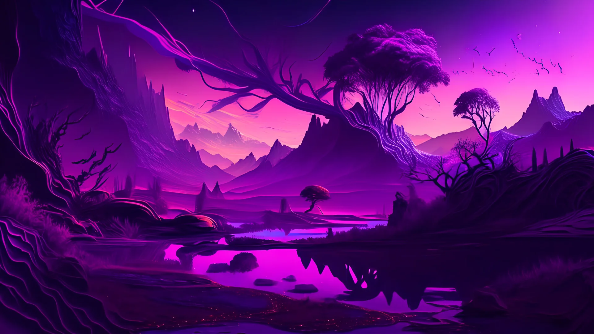 psychedelic, violet tones, fantasy landscape