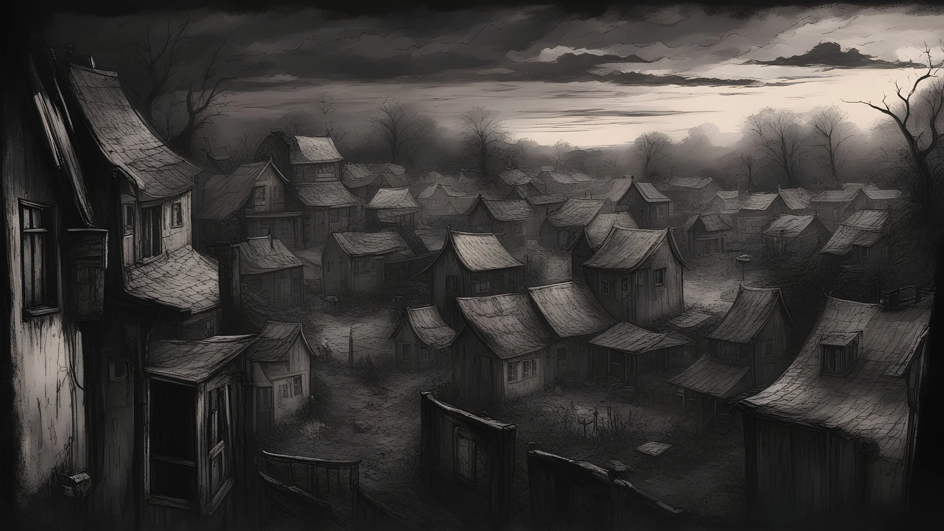 (Masterpiece) View from window, little village in end of afternoon, dark horror art style, extreme quality, draw, second floor, looking to the village,