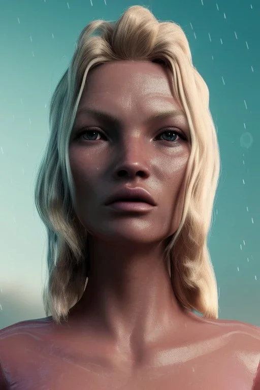 Ultra Realistic retro sci-fi scene, waist up view portrait, blonde woman, sweet young Kate moss face, perfect iris, glow eyes, makeup. Saturn background, Retro sci-fi style, helmet, tight latex coat, fog, rain, soft color, highly detailed, unreal engine 5, ray tracing, RTX, lumen lighting, ultra detail, volumetric lighting, 3d, finely drawn, high definition, high resolution.