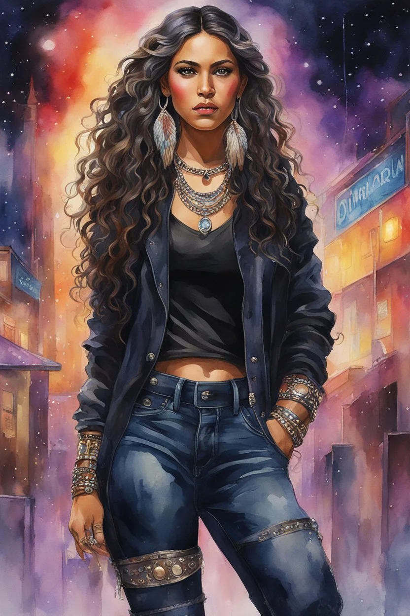 Create a watercolor image of an native american female wearing a black jean outfit with timberland boots. Prominent make up with hazel eyes. She is wearing large diamond hoop earrings. Extremely highly detailed very long curly hair that shines. Background of a night club.