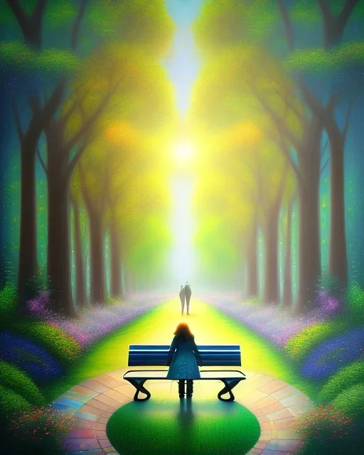 park mystical dream, park bench, man, woman, child, dog, trees, path, bird, sunshine, mystical, fantasy, romanticism, pastel colors, daylight, daytime, acrylic painting, detailed, soft focus,