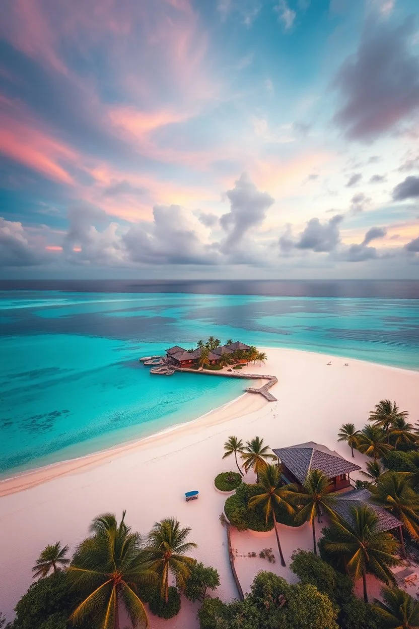 Ultra realistic photo of a secluded tropical island paradise, pristine white sand beaches, turquoise crystal-clear water, luxurious beachfront villas surrounded by palm trees, dramatic sunset sky, enchanting atmosphere, cinematic composition, highly detailed tropical scenery, HOF, full size, (((realism, realphoto, travel photography, professional photographer, captured with professional DSLR camera, 64k, photorealistic, ultra detailed, masterpiece)))