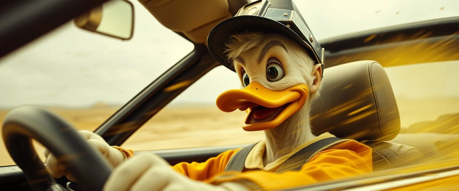 Donald fikk noe av stoffet til å detonere ved ett uhell. Når Donalditt brukes som drivstoff, utløser det vanvittige krefter. In the style of Rembrandt and Fallout 4, Donald in a fast car. Background blur. Movie poster. Wild look.Mad mad and furiosa as ducks.