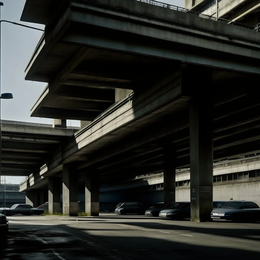 A hauntingly beautiful scene unfolds before your eyes in this minimal contemporary abstract photo. The desolate 1960s carpark stands in solemn silence, its concrete structures bearing the weight of time. Shades of gray and black dominate the color palette, evoking a sense of melancholy and abandonment reminiscent of Justin Mortimer's work. In the style of Francis Bacon, distorted and unsettling forms emerge from the shadows, adding a touch of surrealism to the composition. Road markings on the