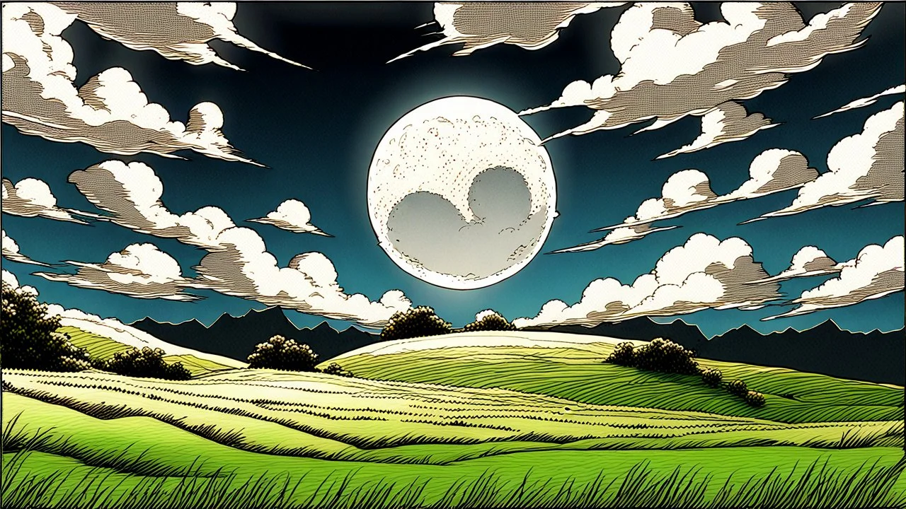 giant virtual moon, maximum quality, centered on frame, far view, in the middle of a grassy hill, white sky with cumulonimbus, manga