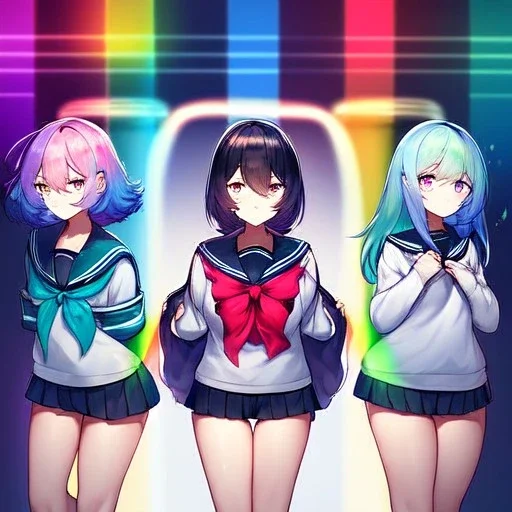 Clear focus,High resolution, Black and Rainbow short fluffy hair, and rainbow eyes, wearing a sailor uniform, must wear a short skirt with a horizontal line, you can only see her from the back, putting on sweater midway