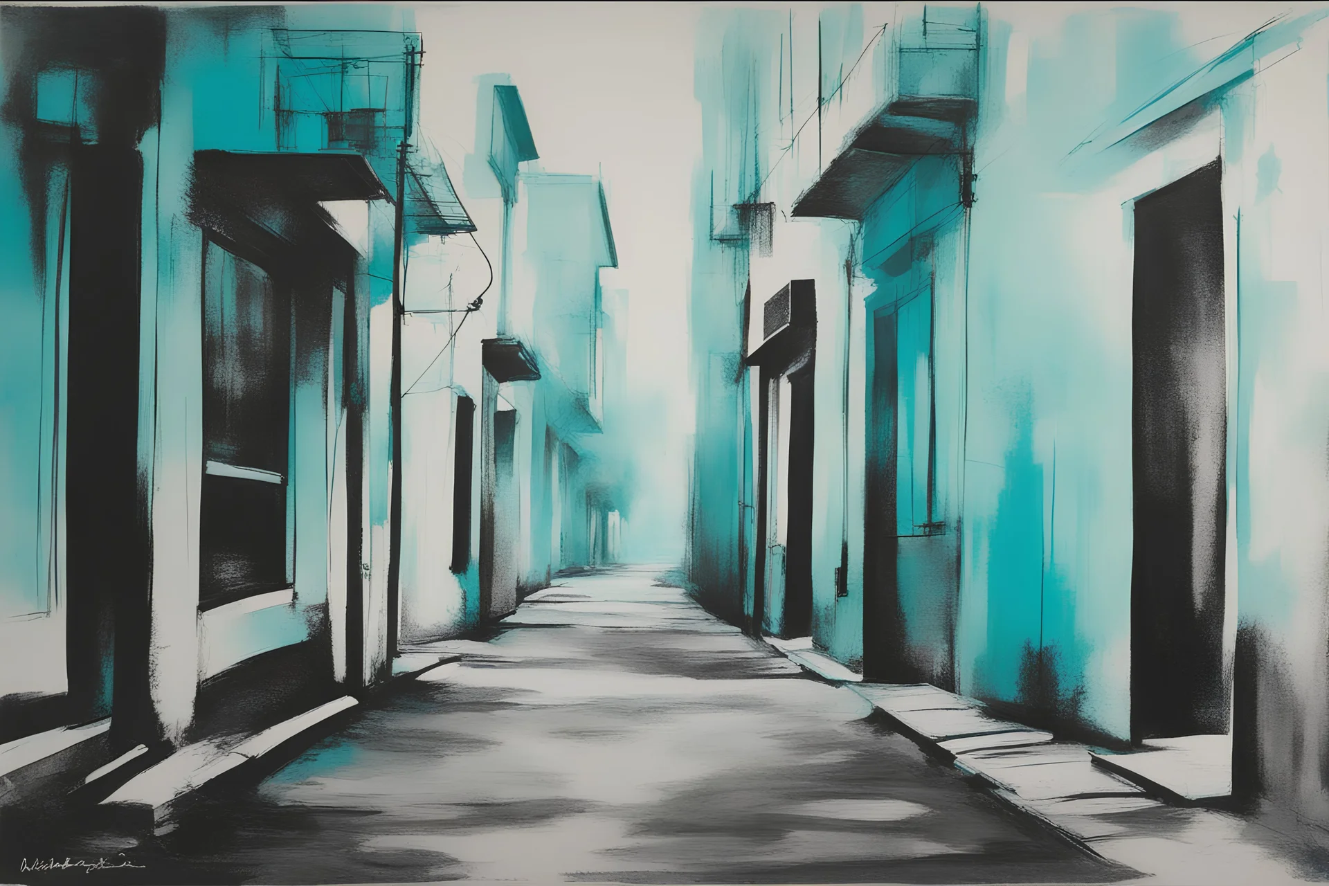 lithograph, light cyan and black, street, touch of color --no people