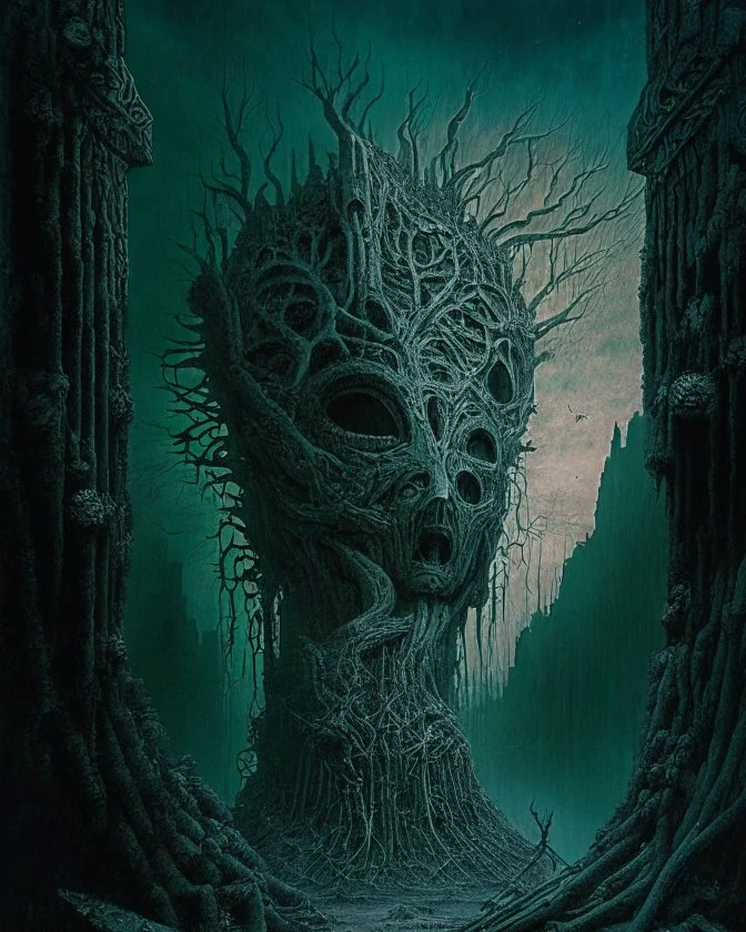 A captivating vision of a post-apocalyptic world, where nature has reclaimed the remnants of human civilization and new lifeforms have emerged, in the style of dark fantasy art, intricate details, moody lighting, and thought-provoking compositions, influenced by the works of H.R. Giger and Zdzisław Beksiński, reflecting on the impermanence of humanity and the resilience of nature.