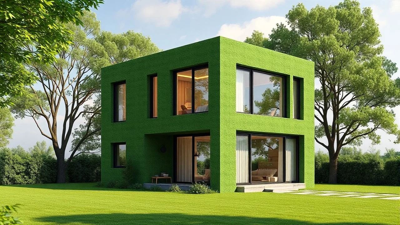 Single-family home designed as a pure green cube with random gaps or windows