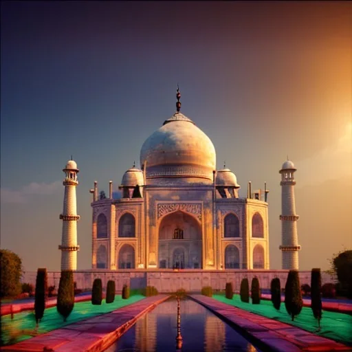 The Taj Mahal, Hindistan, sunset, fantasy art, flying birds, springs, landscape, beautiful, realistic, hyper detailed, unreal engine 5, octane render