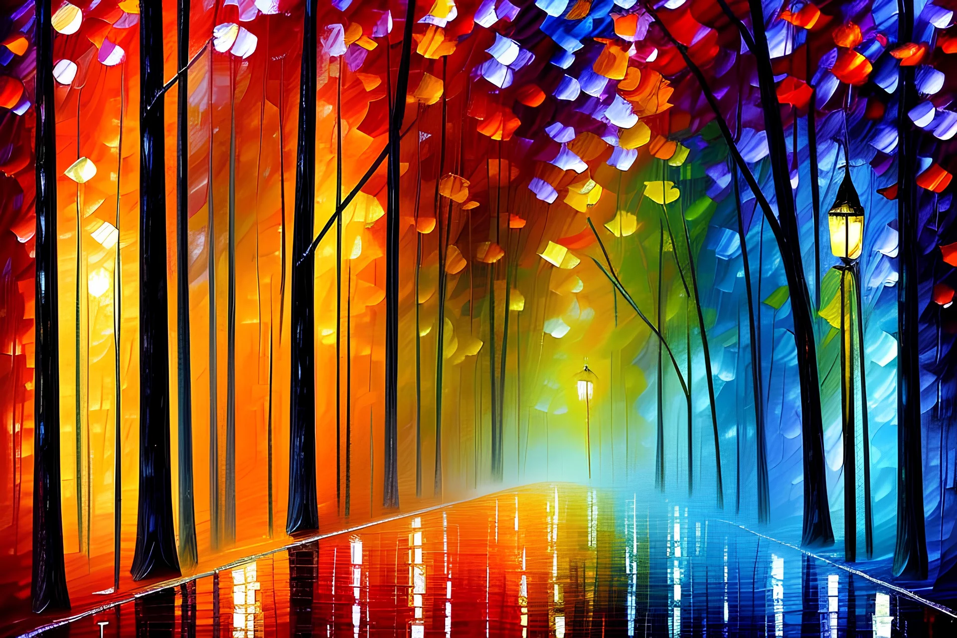 a magical mystic forest in the style of Leonid Afremov pallet knife