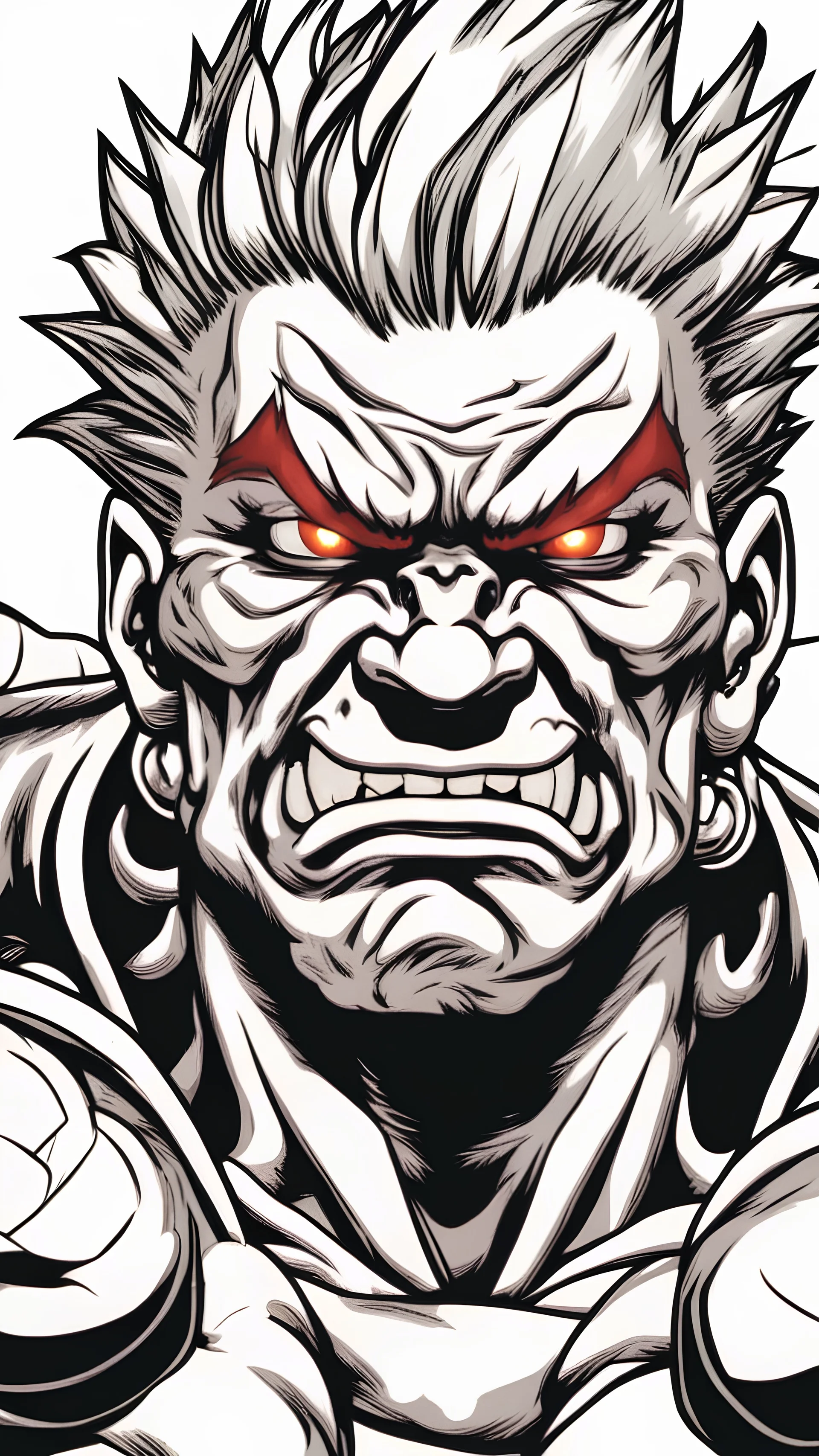 A close picture of akuma from street fighter in reality style, anger face