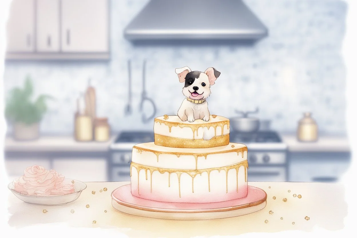 birthday cake, chibi dog in a beautiful kitchen, heart and love in the sunshine, watercolor and black ink outlines, sparkling golden glitter, ethereal, cinematic postprocessing, bokeh, dof