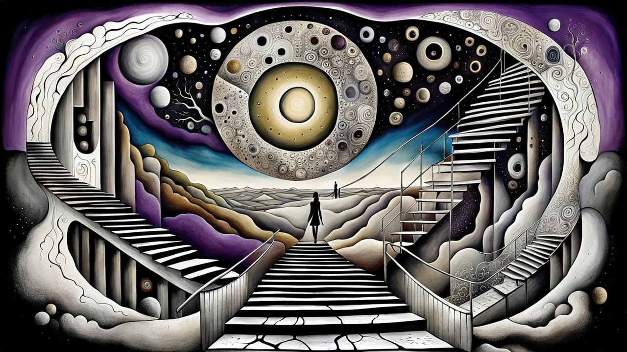 painted inner world with uncontrolled mind and neurodivergens soul, floating doors on sky, over surreal cracked weird empty land . neverending brockened stairs,. dark purple, gray, black, white, brown, malachit, cream color. Whimsical style of Chagall , of Anna Dittman. No people in picture, weird absurd beauty nightmare, in background big neuron network web, surreal vibe
