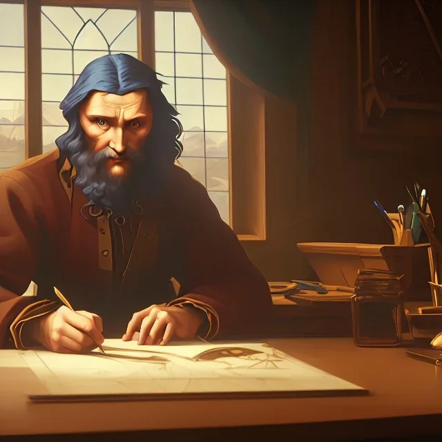 leonardo da vinci works in his study on a laptop at his desk. painting in photoshop. hyperdetailed, warm colors, movie poster, photoillustration, oil on canvas, lens flare