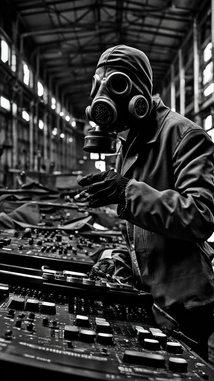 a person with a gas mask in an abandoned big massive factory, playing with a modular synth piano